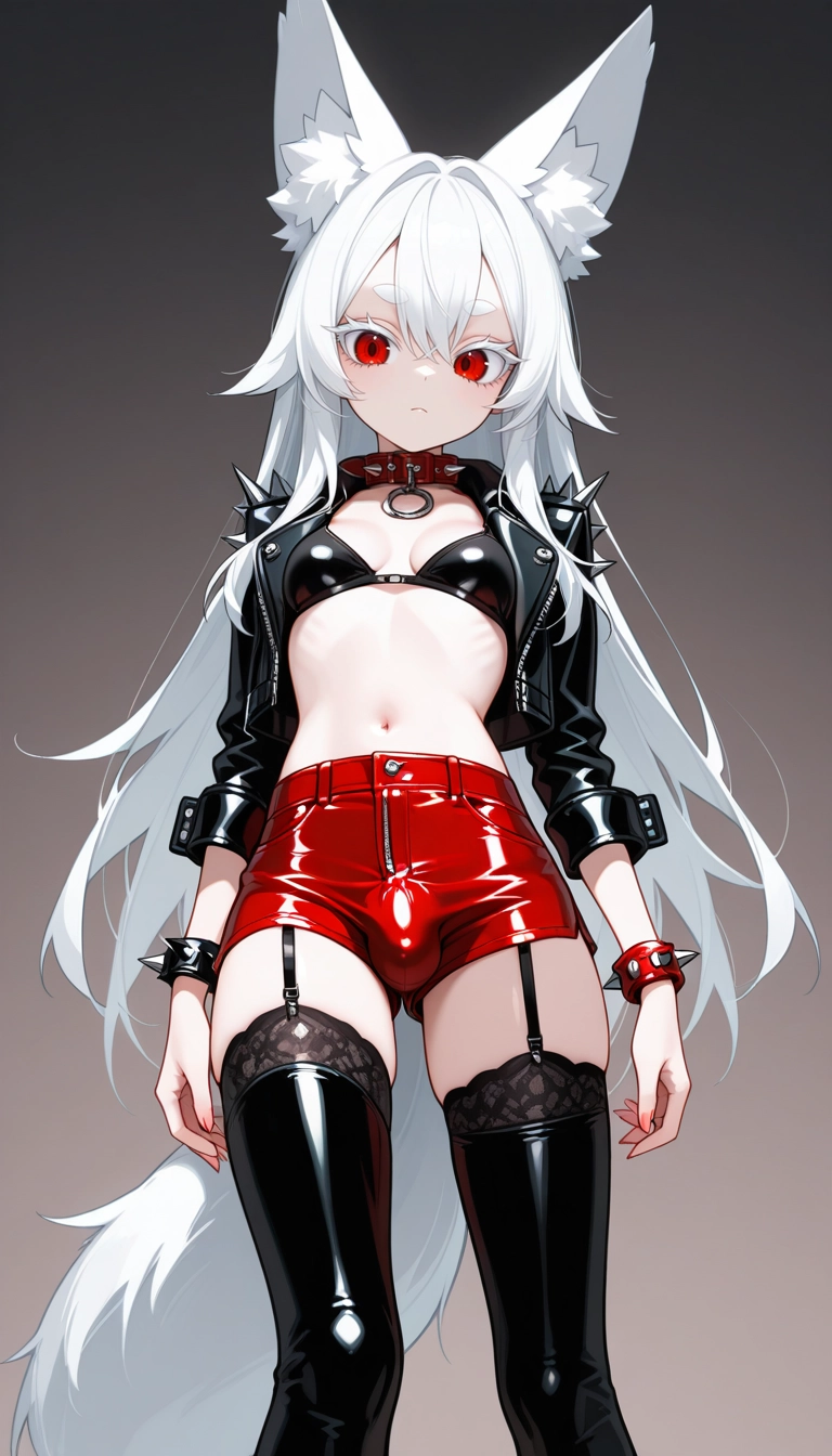 1girl, red eyes, solo, collar, white hair, long hair