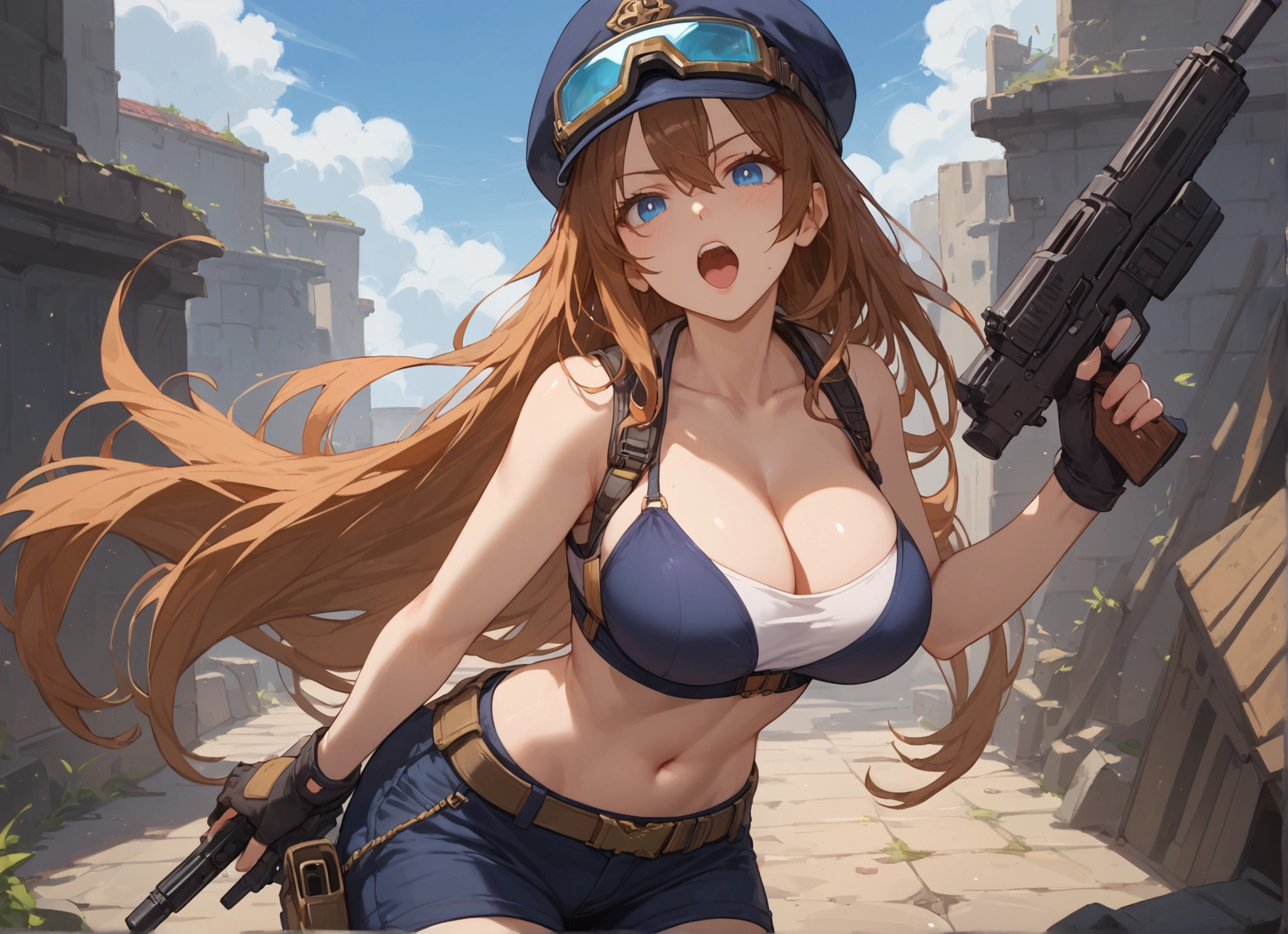 1girl, breasts, long hair, weapon, gun, blue eyes · Yamete.gg