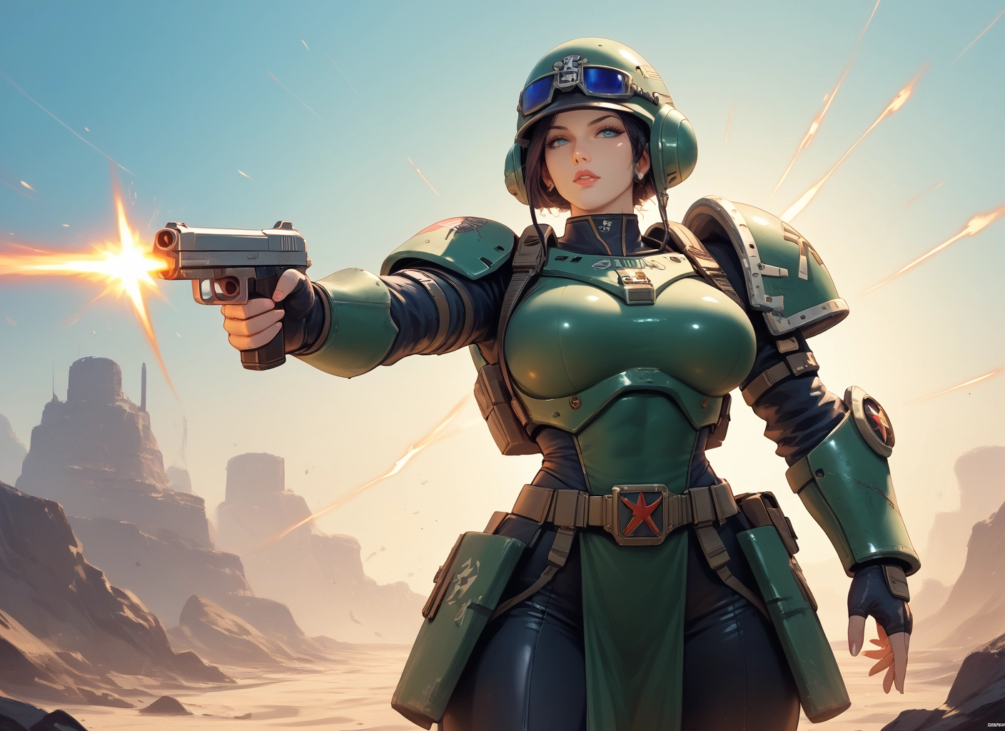 1girl, weapon, gun, solo, gloves, helmet · Yamete.gg