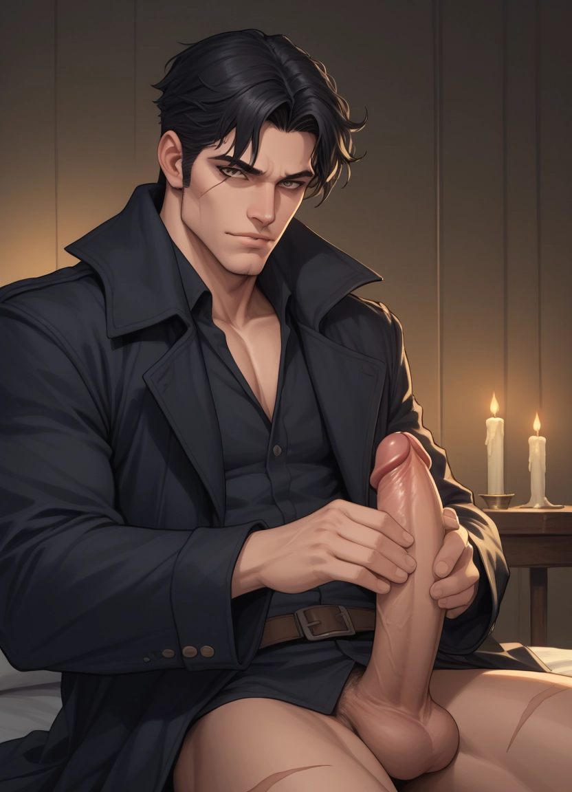 bara, male focus, penis, 1boy, solo, scar