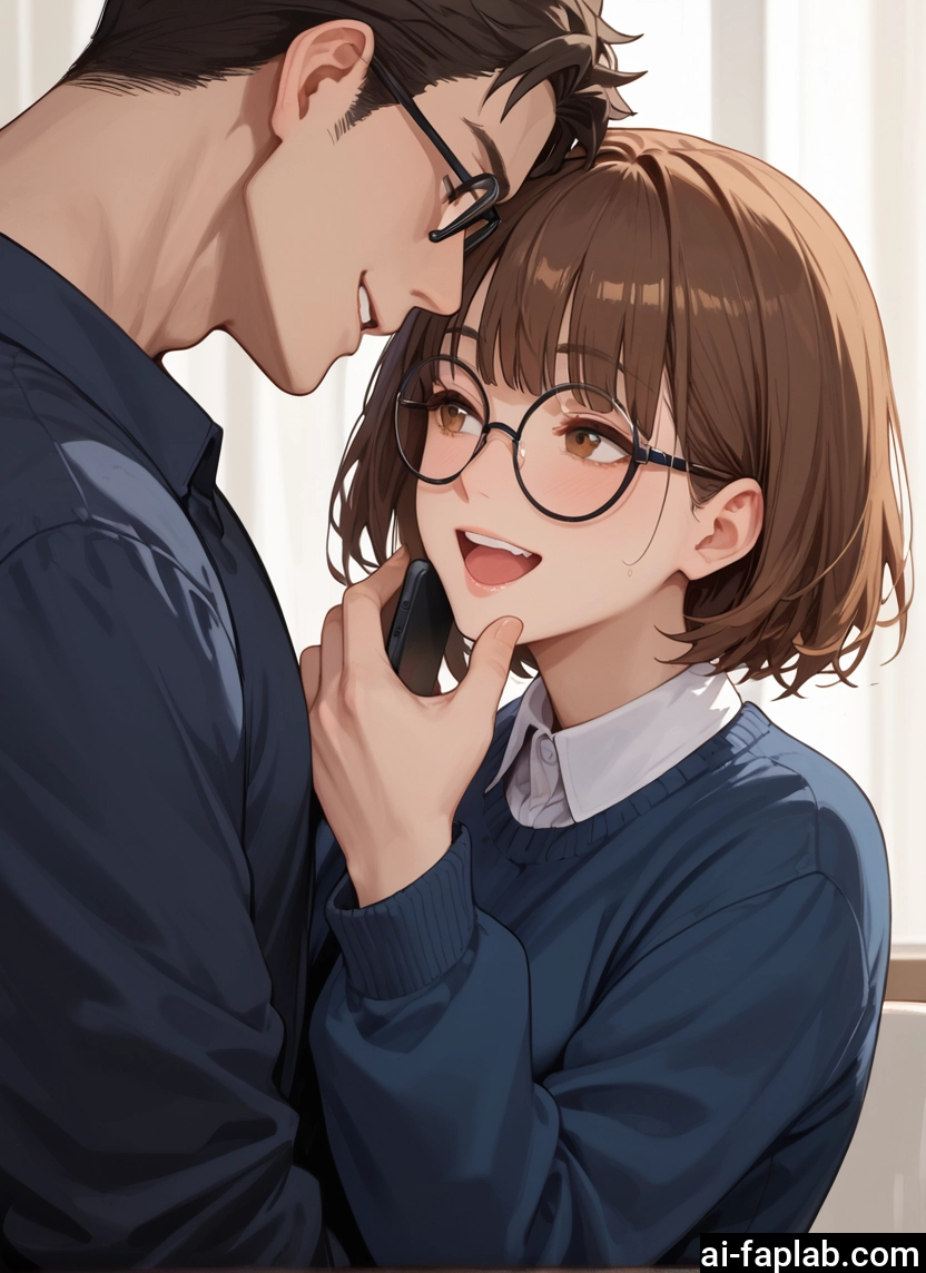 1girl, 1boy, brown hair, glasses, brown eyes, open mouth