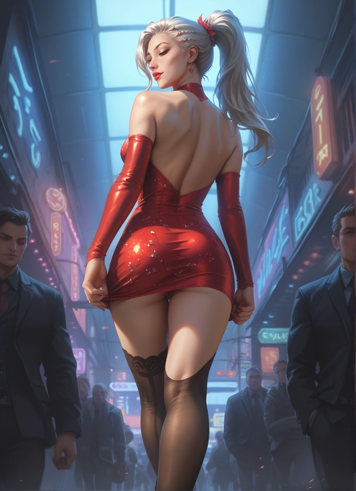 1girl, ass, dress, thighhighs, jewelry, earrings · Yamete.gg
