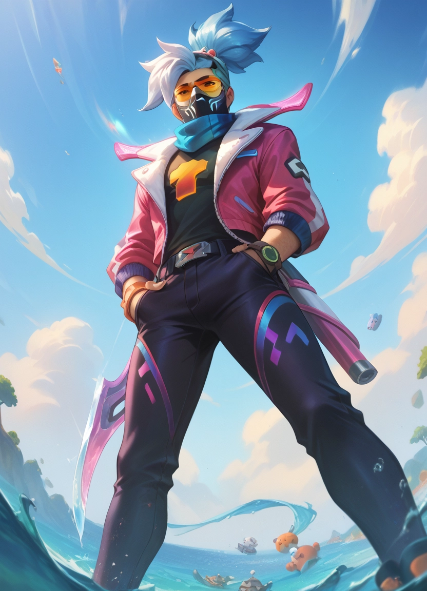 jacket, sky, mask, day, pants, hands in pockets · Yamete.gg