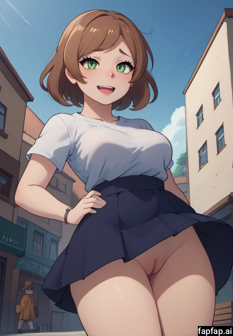 green eyes, pussy, skirt, brown hair, no panties, outdoors · Yamete.gg