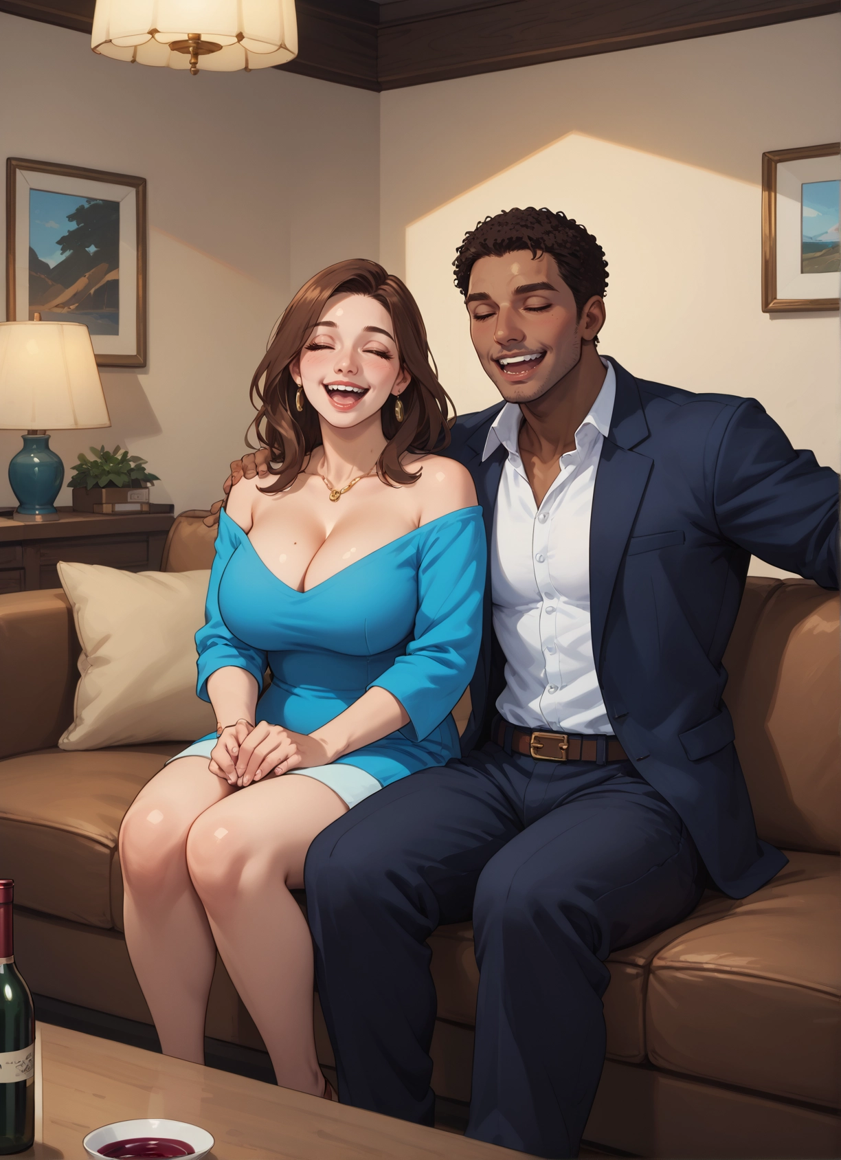 1girl, 1boy, breasts, brown hair, jewelry, mole · Yamete.gg