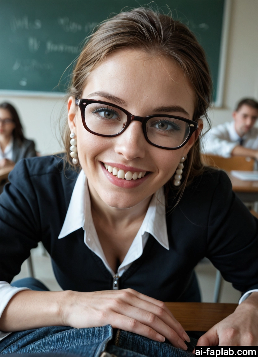 glasses, jewelry, teeth, chalkboard, solo focus, 1girl