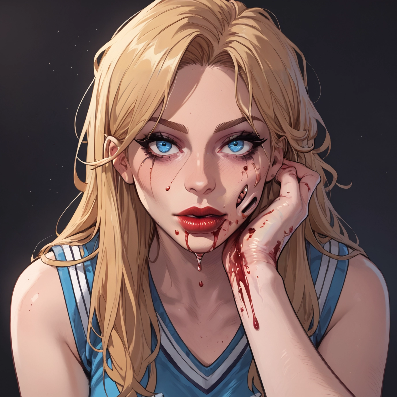 blonde hair, 1girl, blue eyes, long hair, looking at viewer, grey background · Yamete.gg