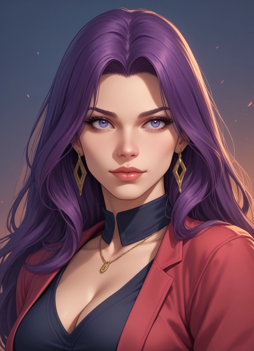 1girl, breasts, jewelry, earrings, solo, purple hair