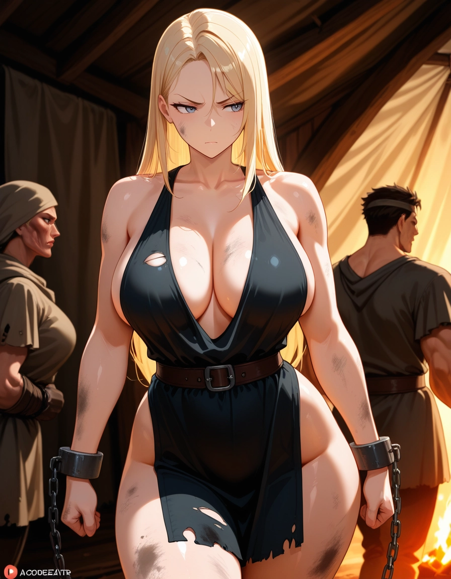 breasts, blonde hair, large breasts, torn clothes, black dress, long hair · Yamete.gg