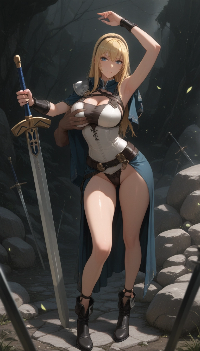 1girl, blonde hair, breasts, weapon, sword, blue eyes · Yamete.gg