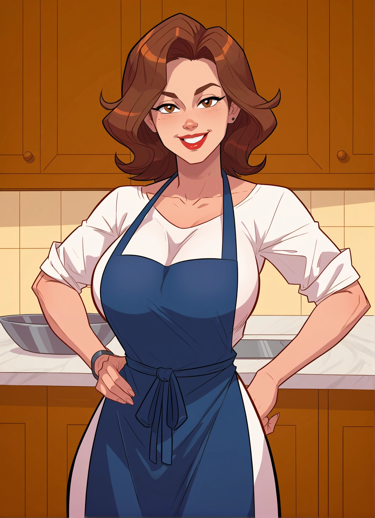 1girl, brown hair, breasts, apron, brown eyes, jewelry · Yamete.gg