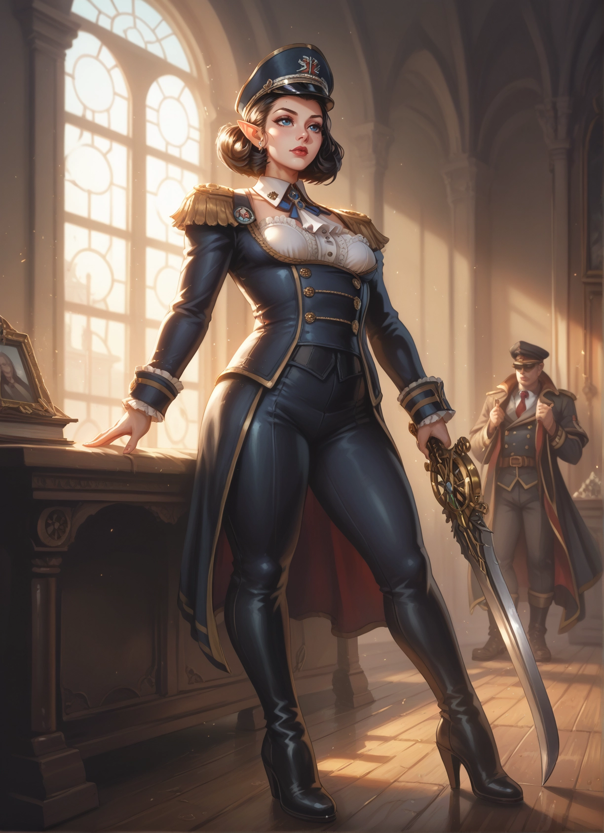 1girl, weapon, sword, 1boy, pointy ears, hat · Yamete.gg