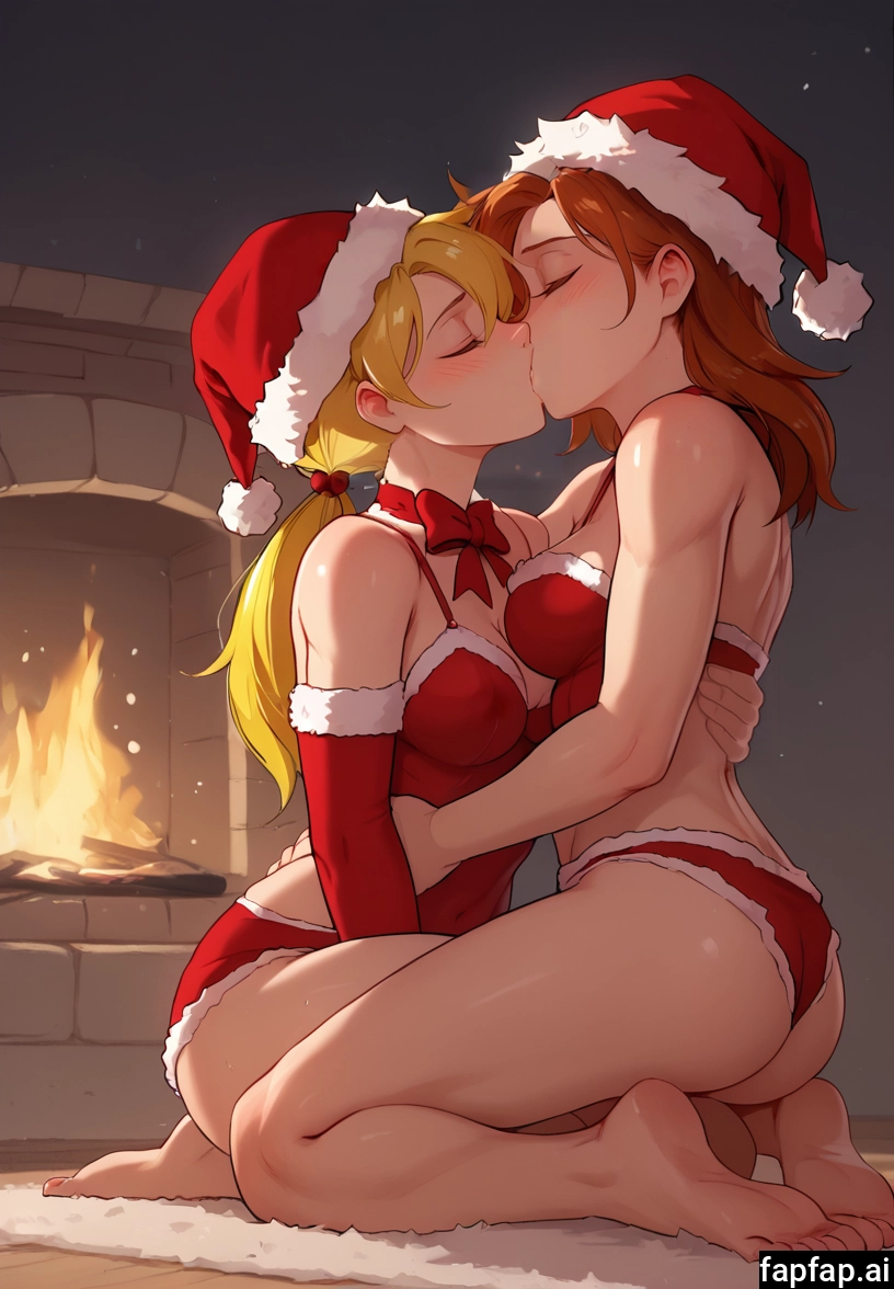 multiple girls, 2girls, yuri, fireplace, kiss, hat · Yamete.gg