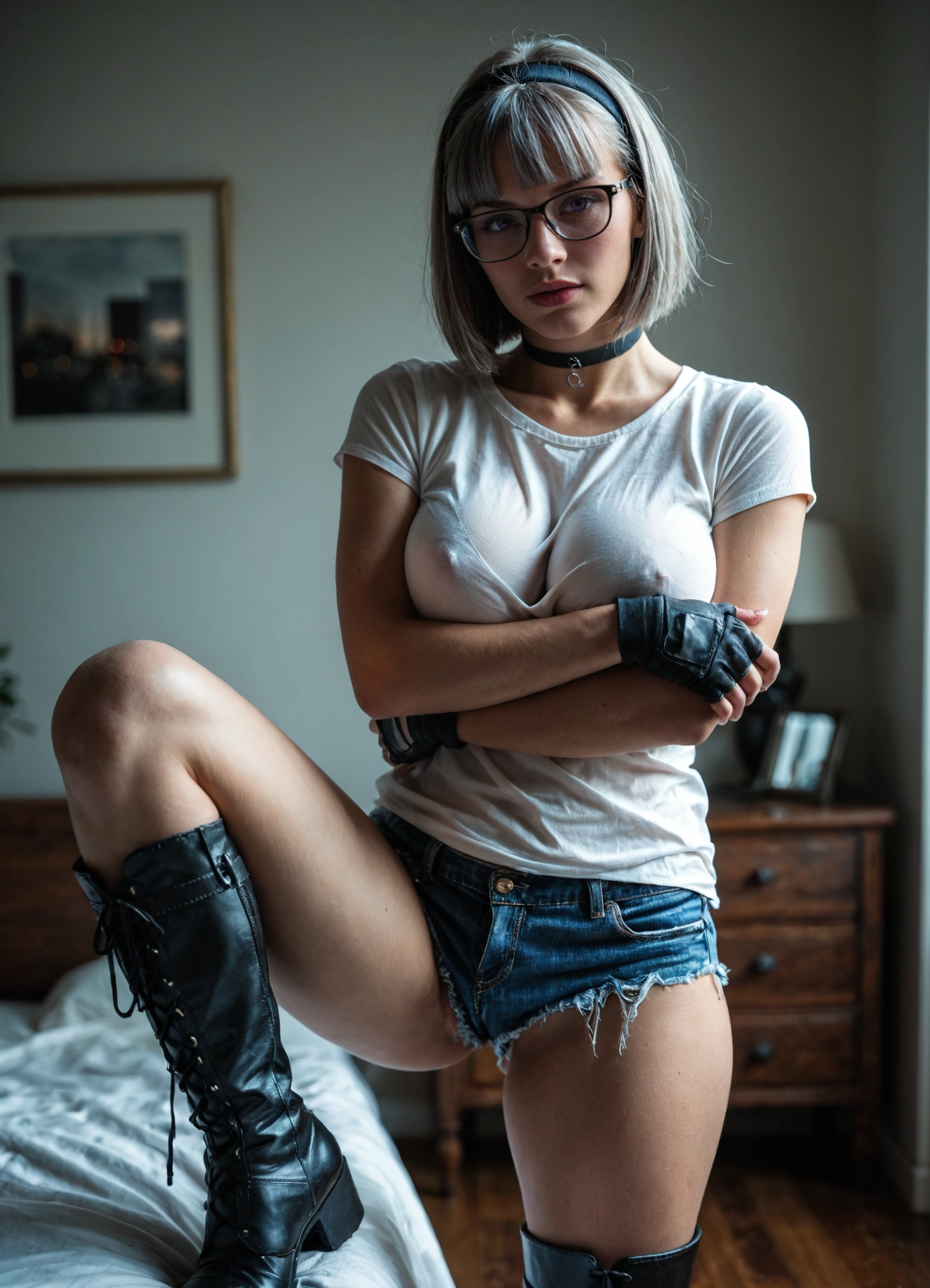 1girl, boots, shorts, denim, realistic, breasts · Yamete.gg