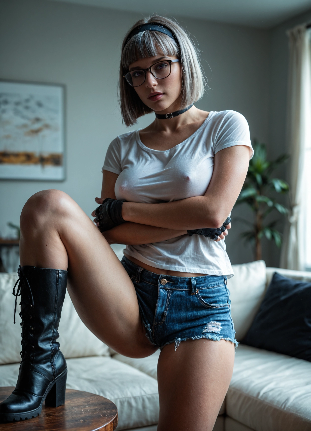 1girl, denim, shorts, solo, boots, shirt · Yamete.gg