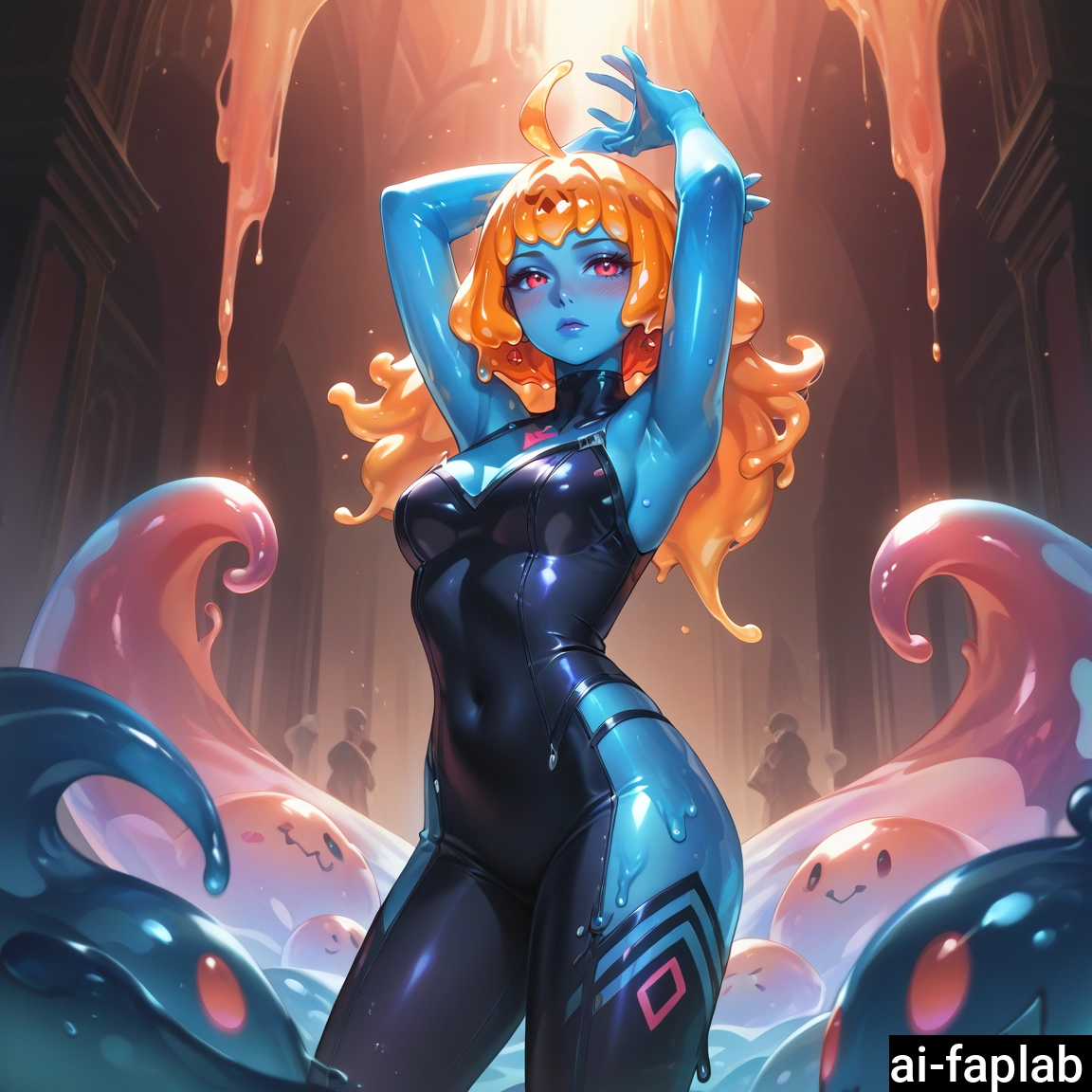 blue skin, 1girl, breasts, colored skin, slime girl, long hair · Yamete.gg