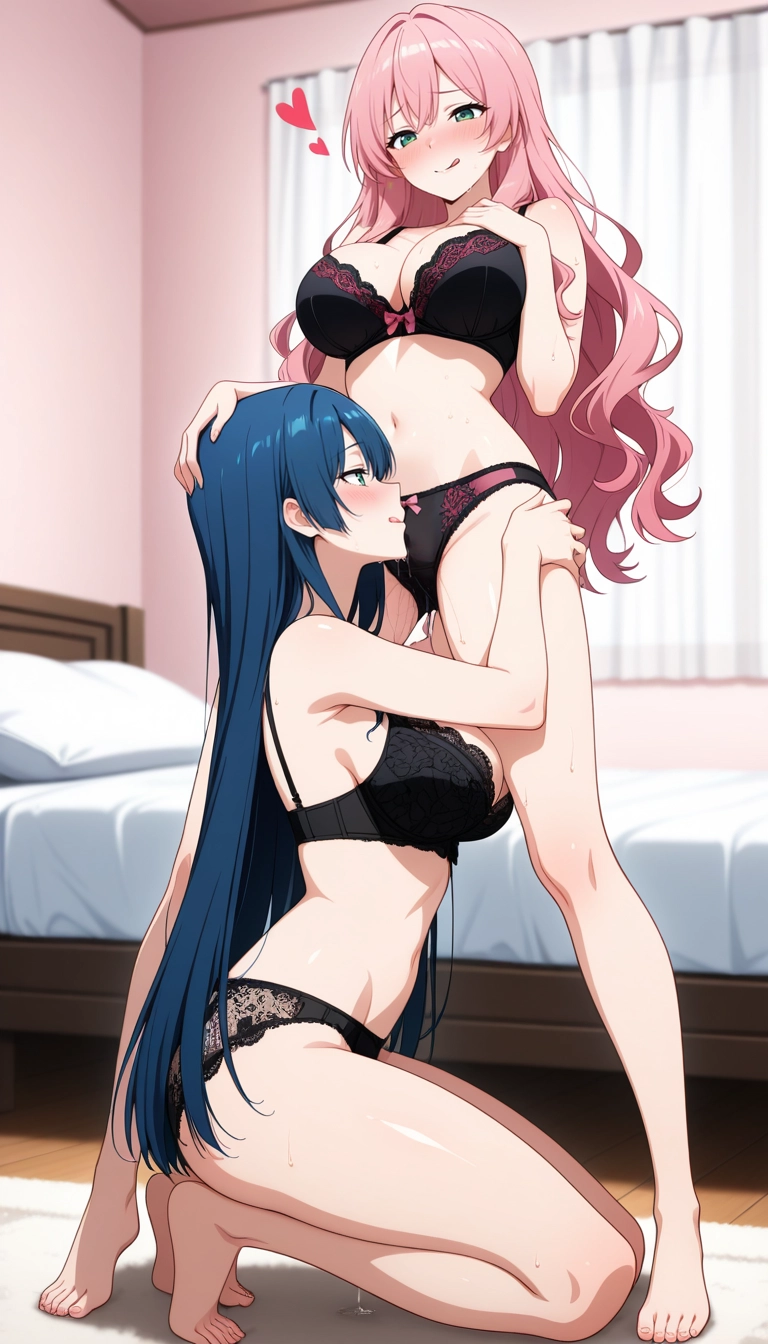 tongue out, tongue, breasts, hand on another's head, bra, black bra