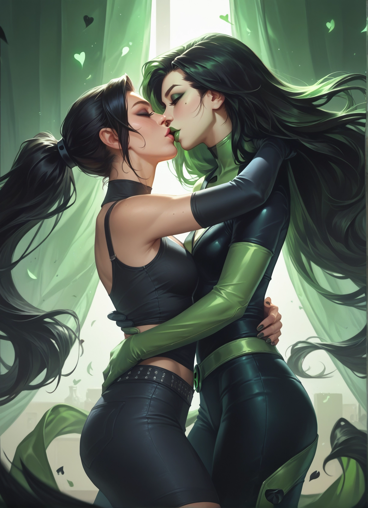 multiple girls, 2girls, yuri, kiss, long hair, mole · Yamete.gg