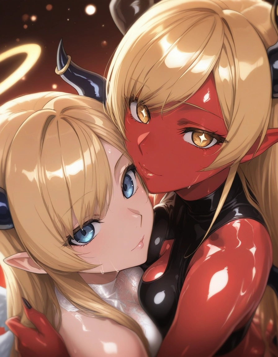multiple girls, 2girls, horns, blonde hair, halo, blue eyes · Yamete.gg