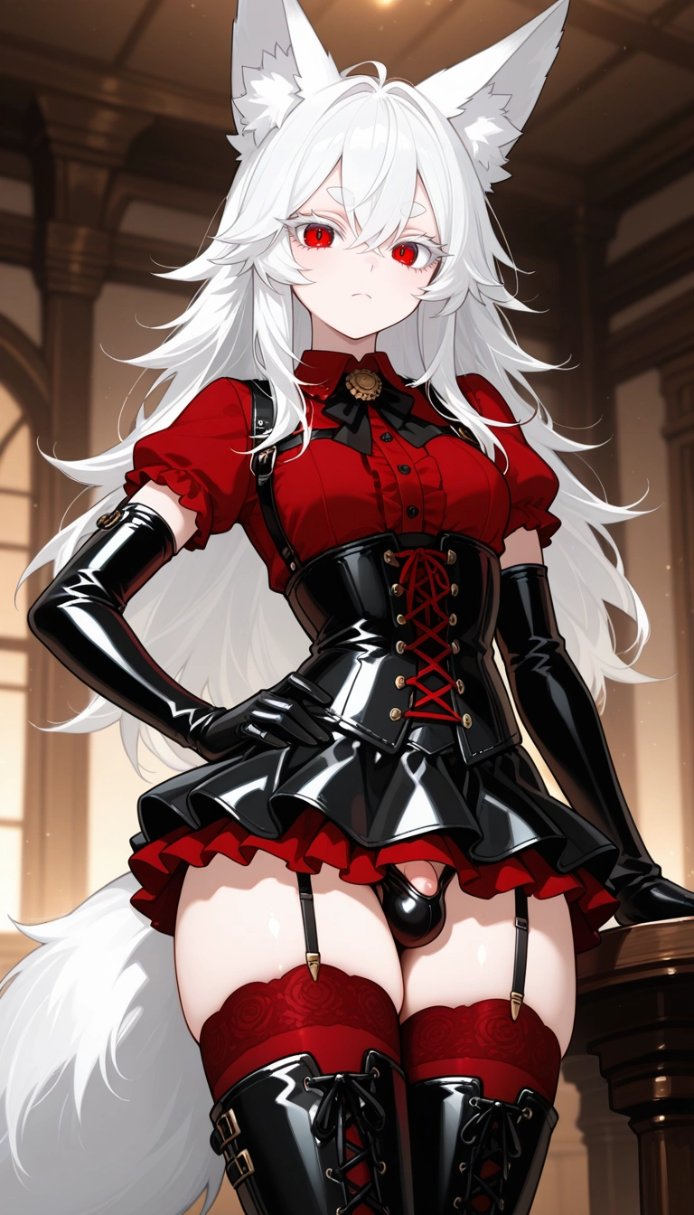 gloves, red thighhighs, thighhighs, solo, garter straps, red eyes · Yamete.gg