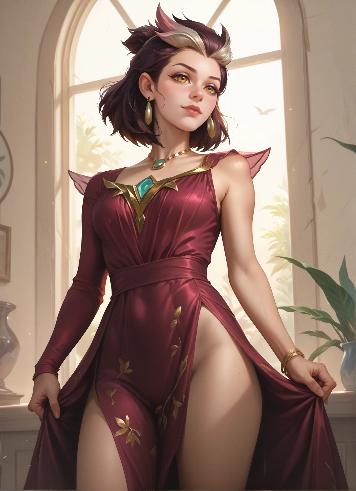 1girl, jewelry, earrings, solo, dress, multicolored hair · Yamete.gg