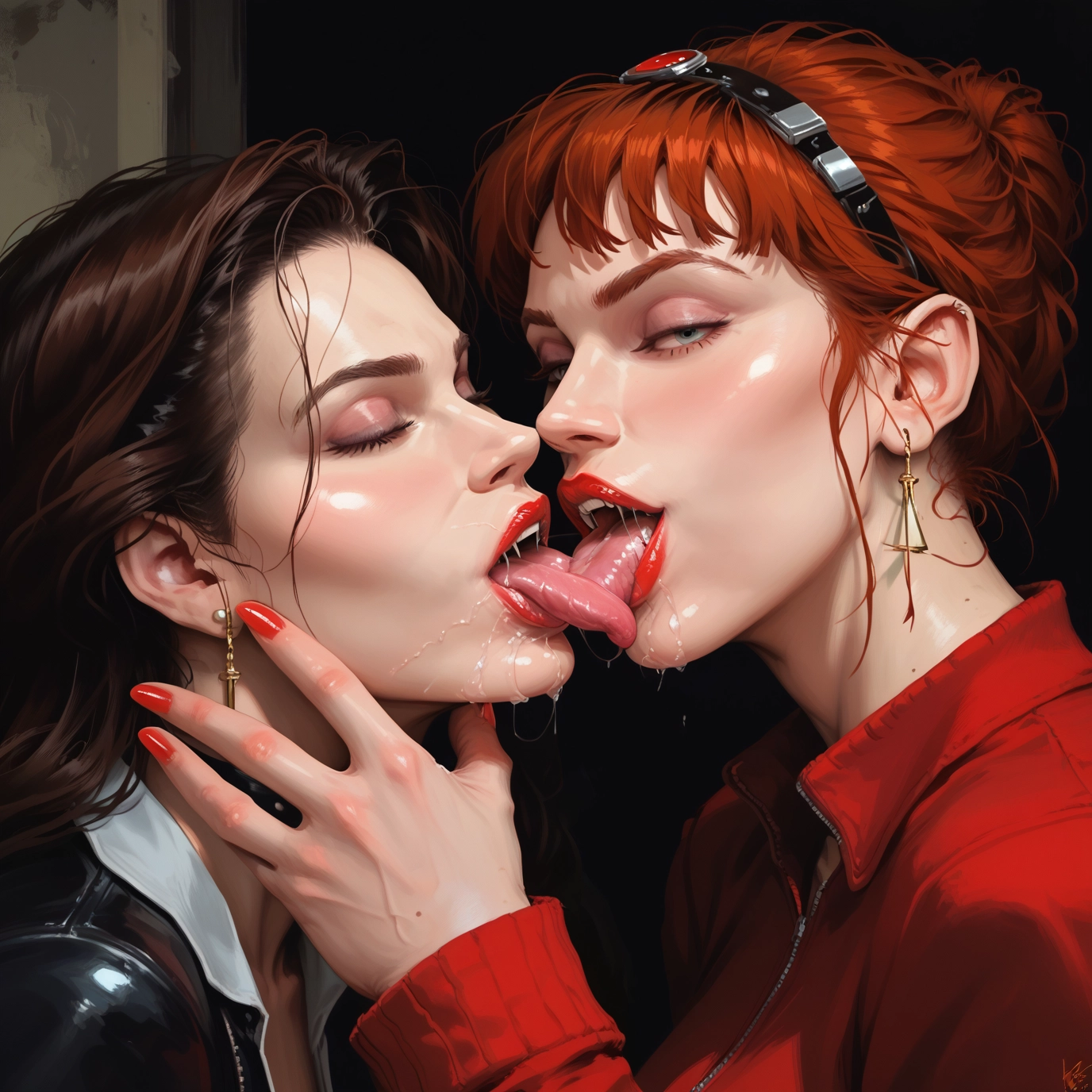 multiple girls, 2girls, yuri, jewelry, tongue, saliva · Yamete.gg