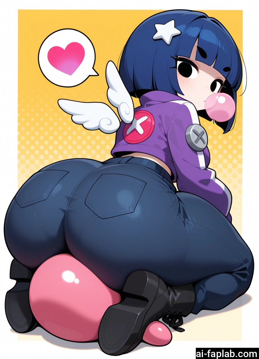 1girl, ass, heart, wings, chewing gum, pants