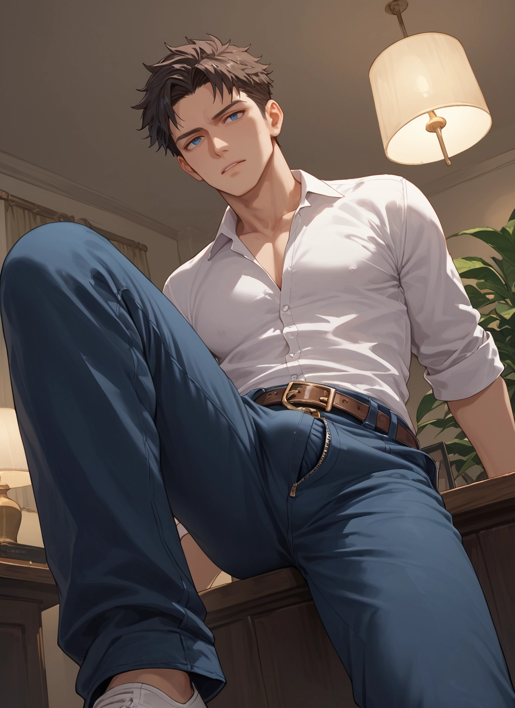 male focus, 1boy, blue eyes, solo, pants, pectorals · Yamete.gg
