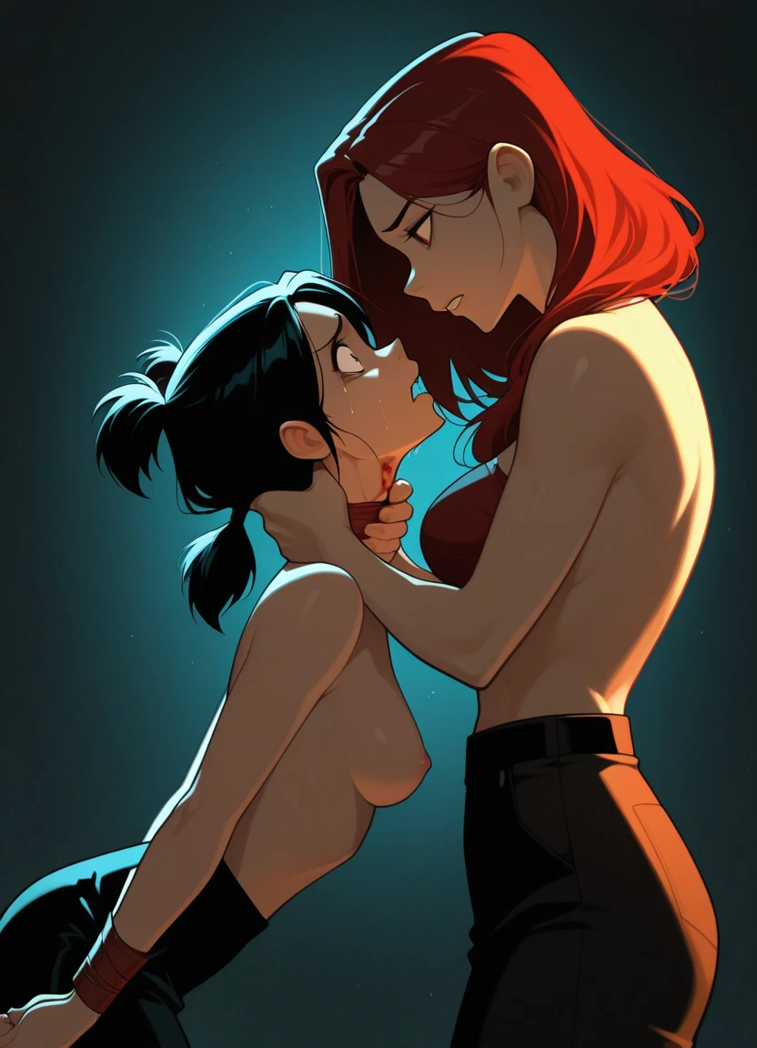multiple girls, 2girls, breasts, nipples, red hair, pants