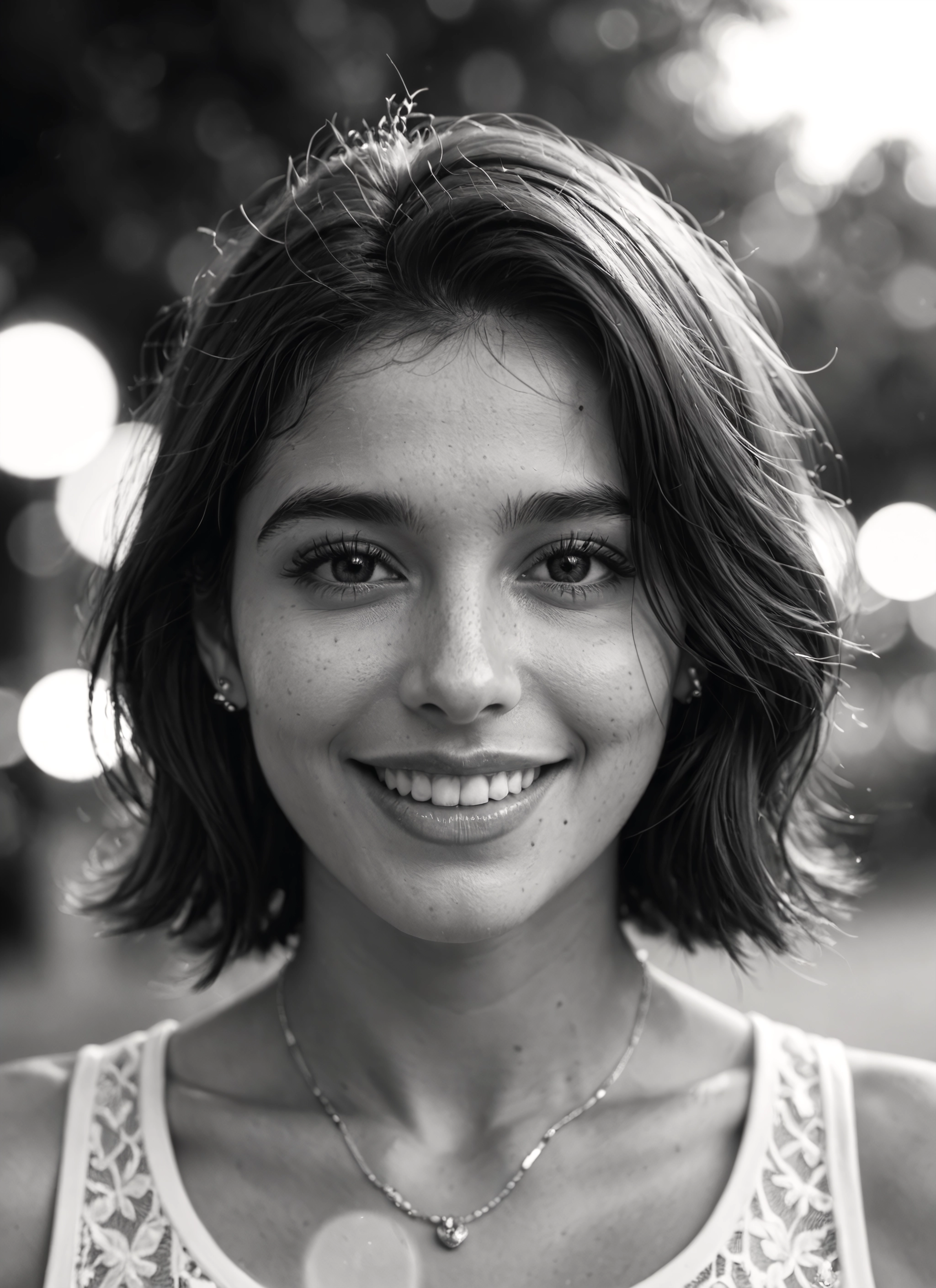 1girl, greyscale, solo, monochrome, jewelry, smile · Yamete.gg