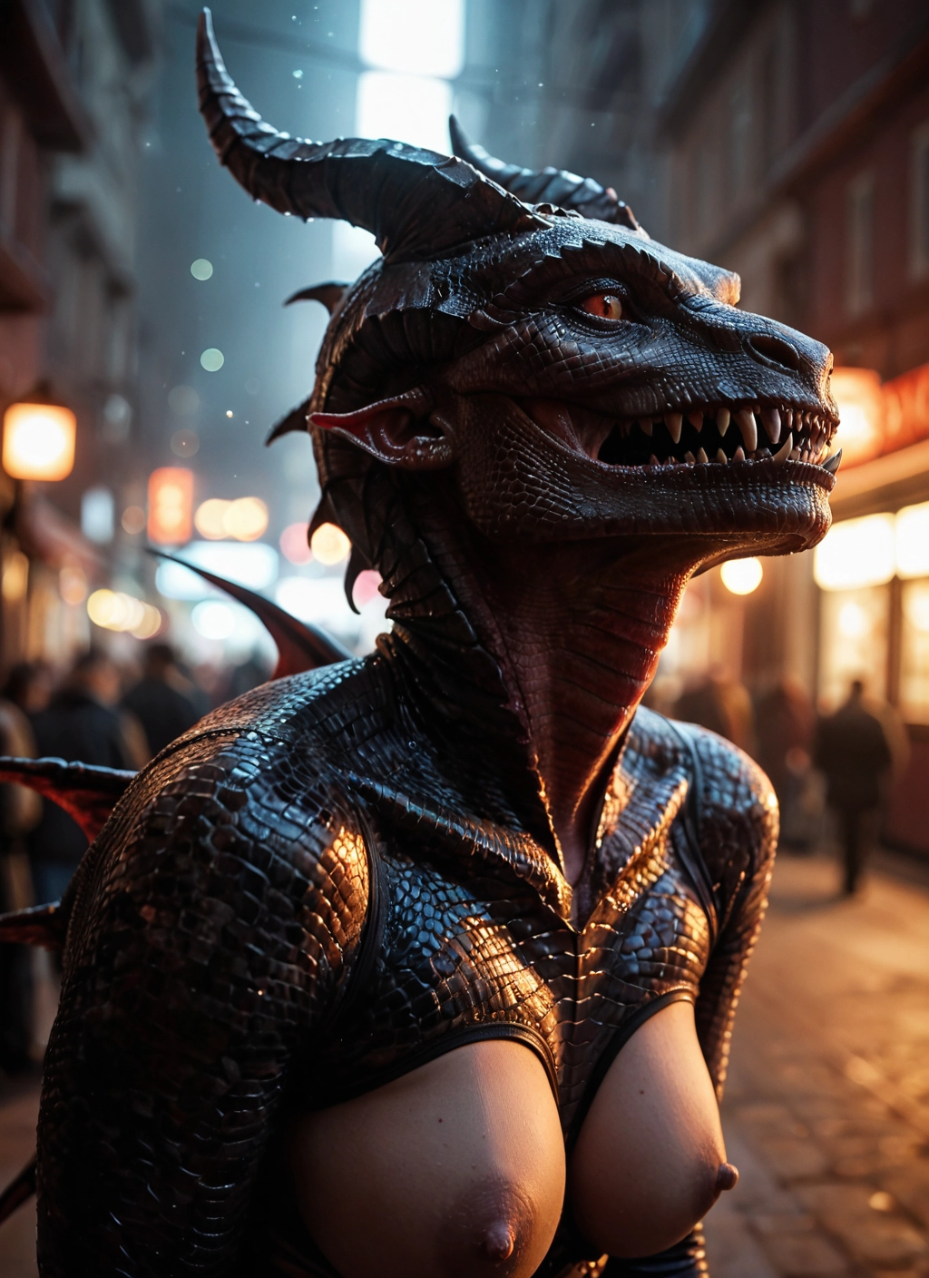 breasts, 1girl, nipples, horns, teeth, sharp teeth · Yamete.gg