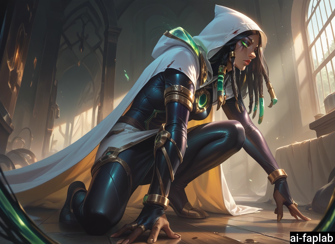 1girl, dark-skinned female, green eyes, dark skin, solo, hood · Yamete.gg