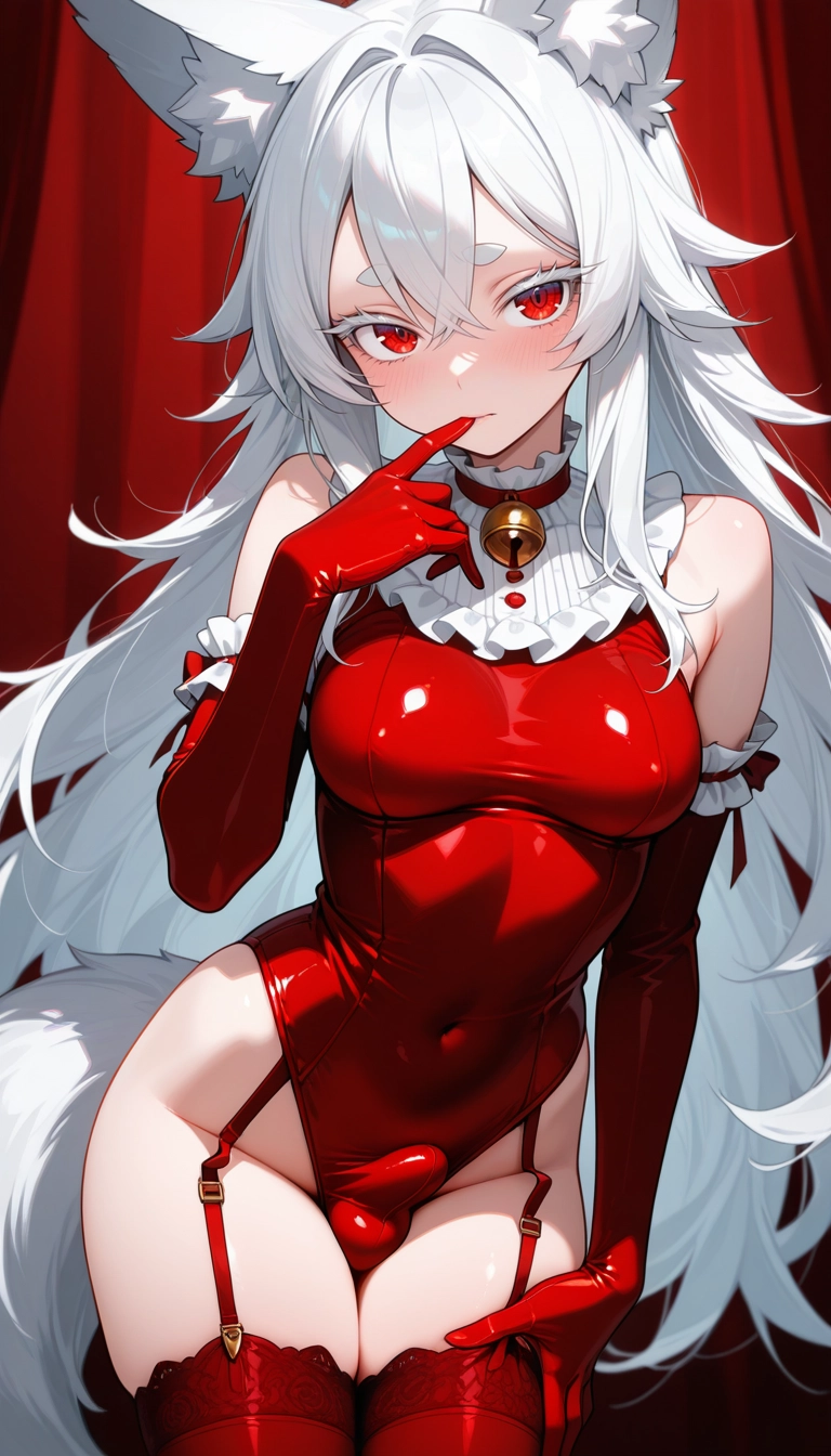 solo, red thighhighs, gloves, animal ears, thighhighs, red gloves · Yamete.gg
