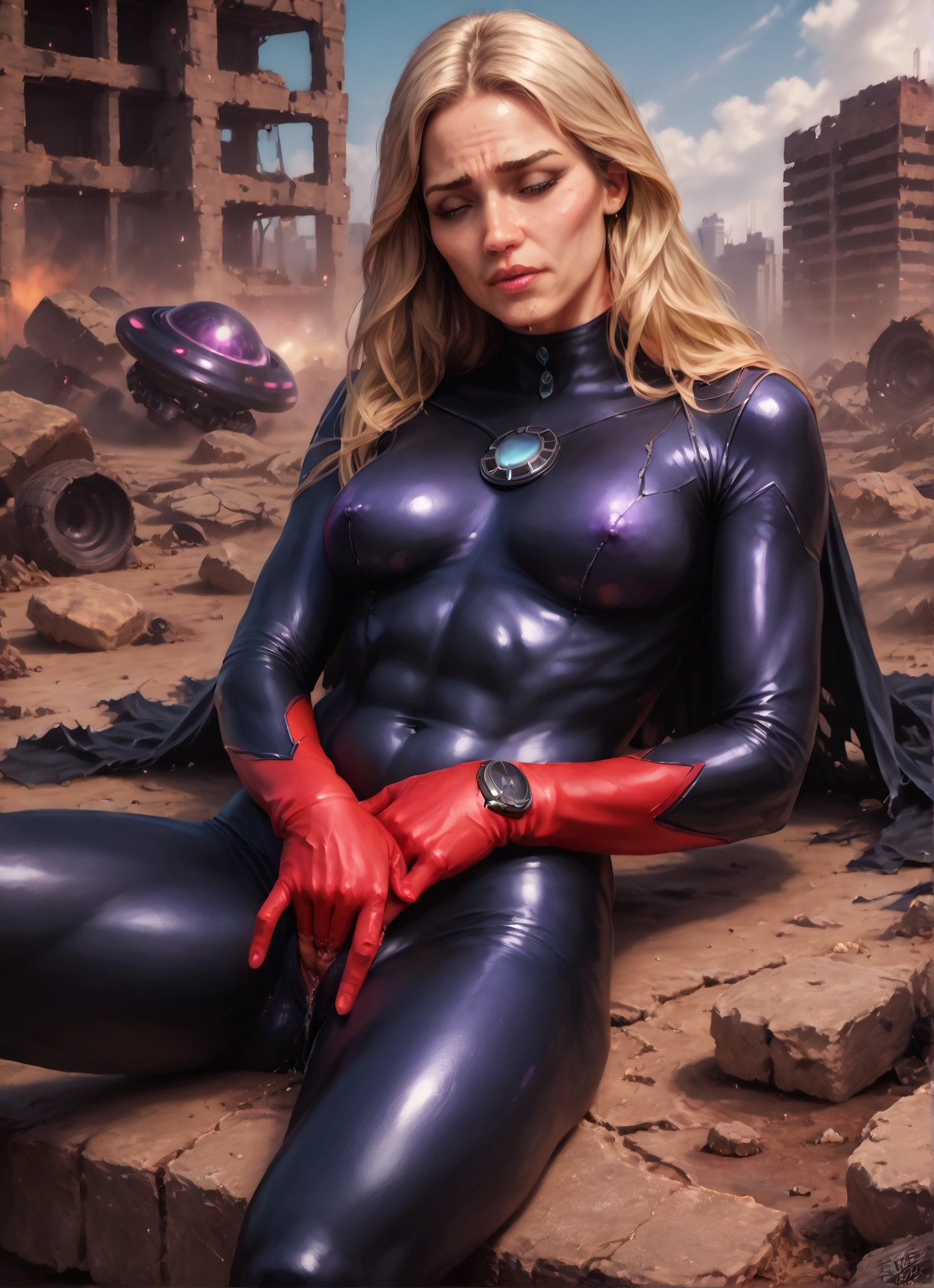 1girl, bodysuit, blonde hair, solo, breasts, covered nipples · Yamete.gg