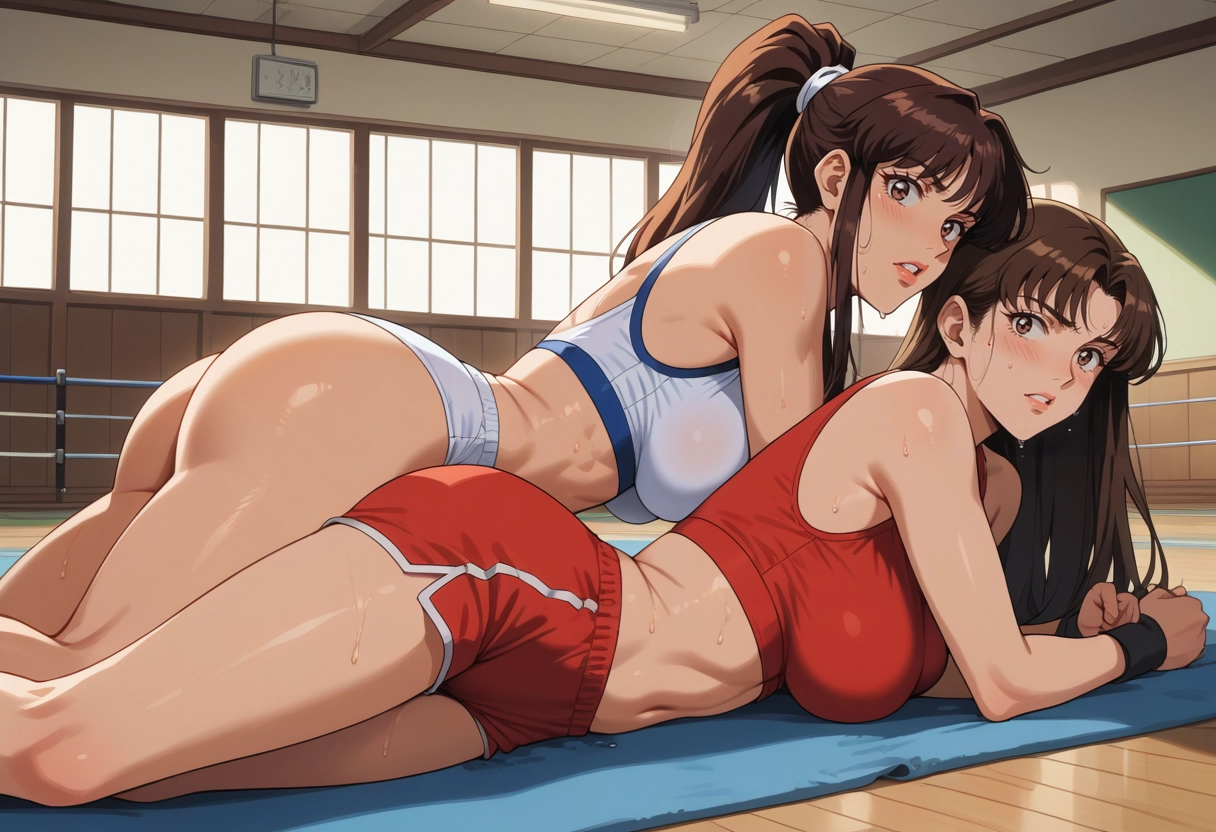 multiple girls, 2girls, breasts, large breasts, shorts, brown hair · Yamete.gg