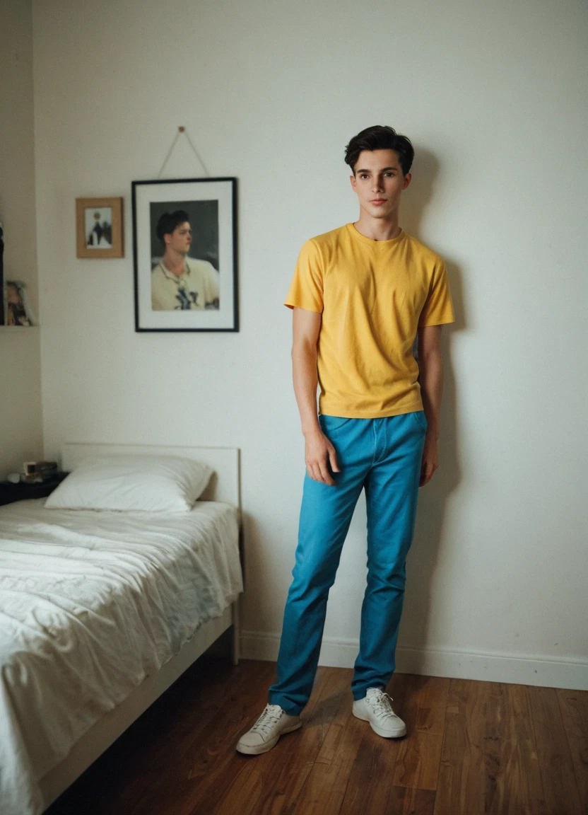 1boy, male focus, pants, yellow shirt, solo, shirt
