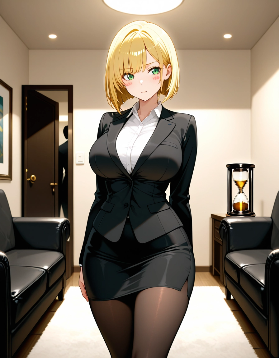 blonde hair, pantyhose, breasts, skirt, green eyes, large breasts · Yamete.gg