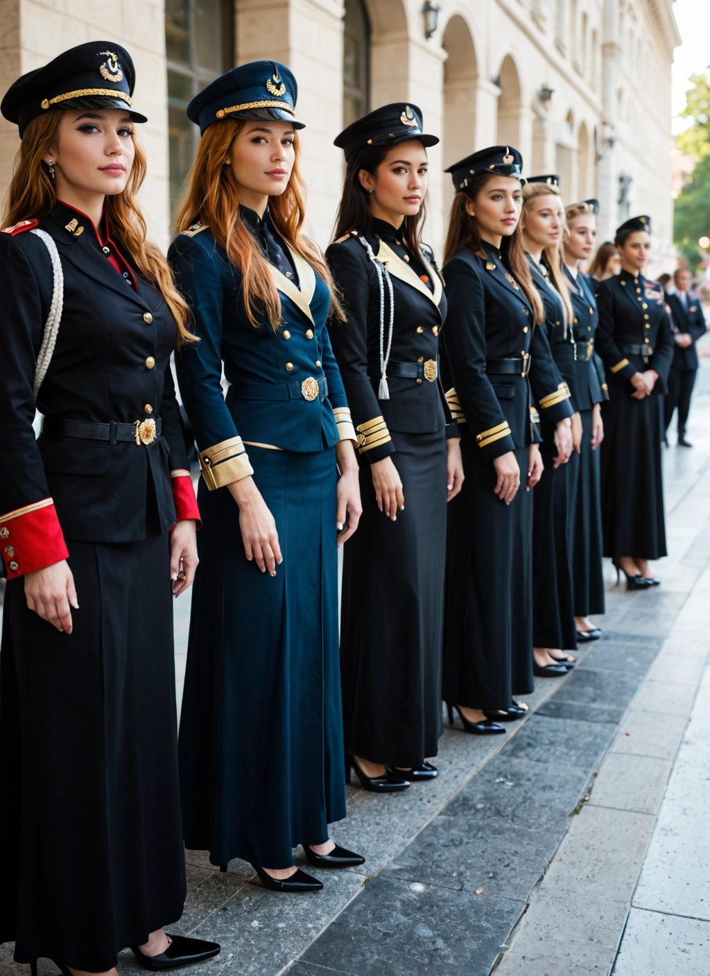 multiple girls, uniform, military, military uniform, hat, long hair · Yamete.gg