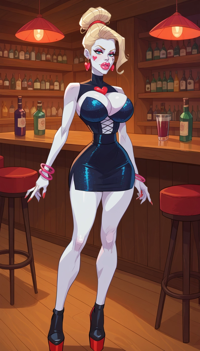 bar (place), 1girl, jewelry, breasts, earrings, makeup · Yamete.gg
