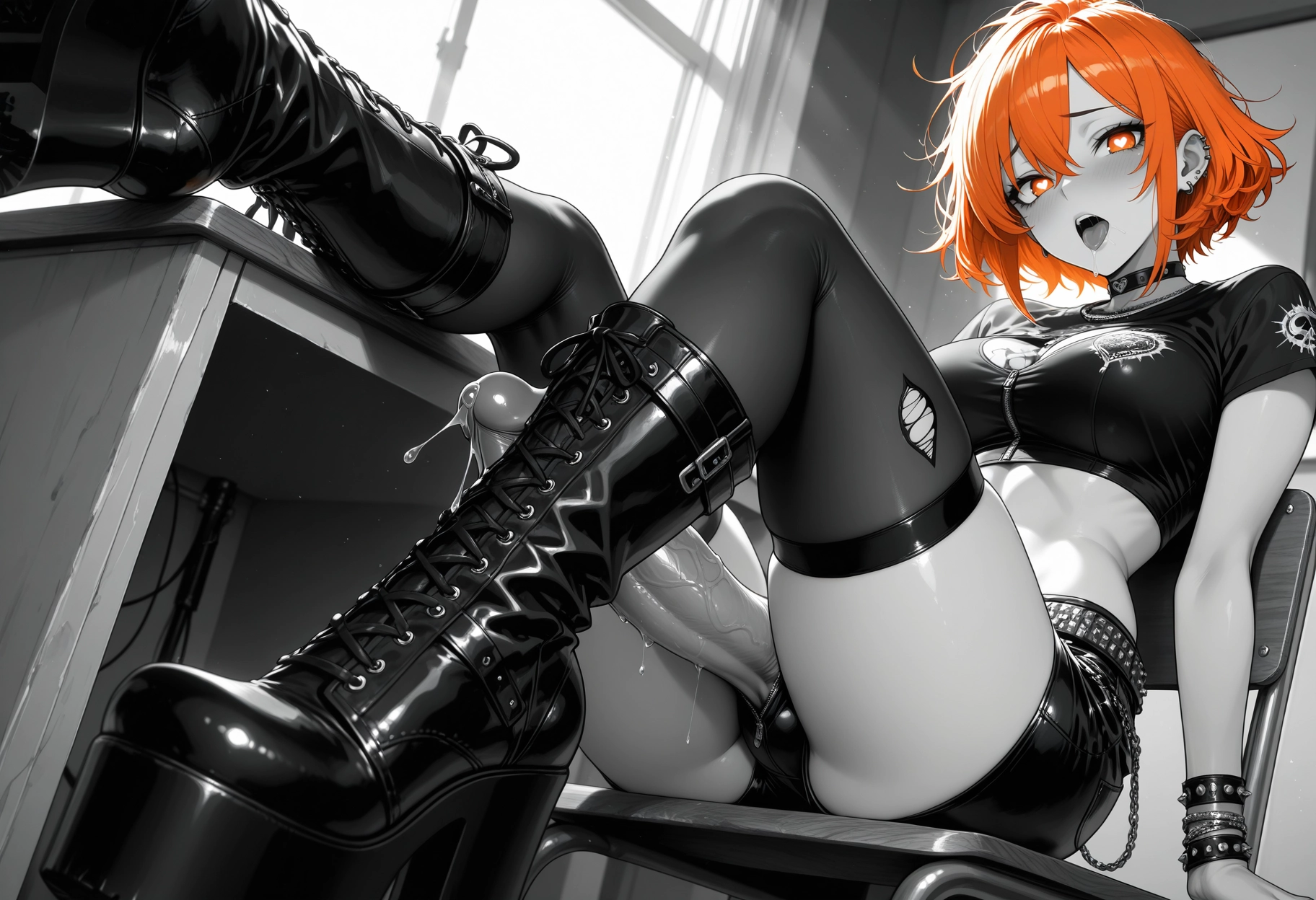 futanari, 1girl, solo, orange hair, thighhighs, symbol-shaped pupils · Yamete.gg