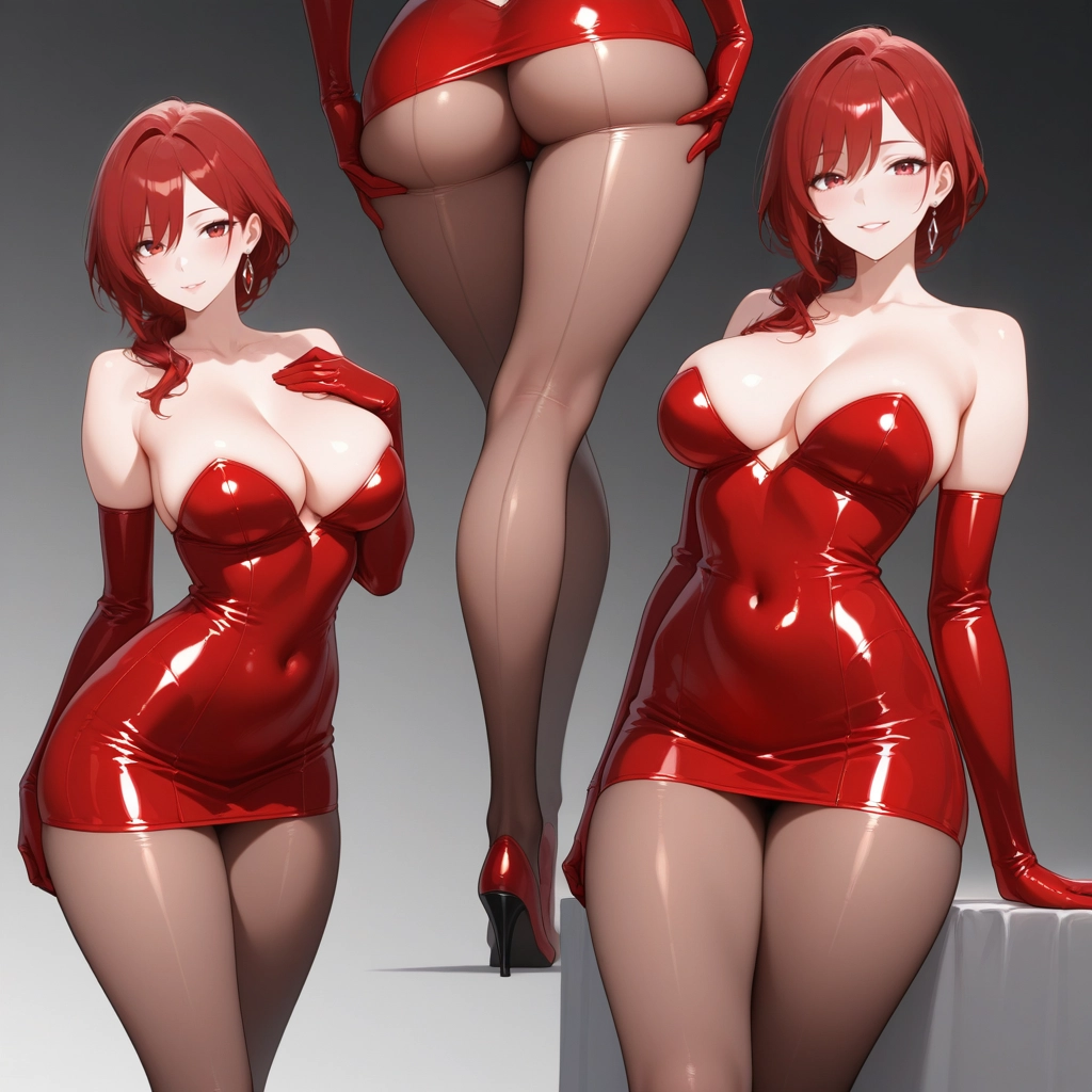 1girl, breasts, gloves, dress, multiple views, red gloves · Yamete.gg