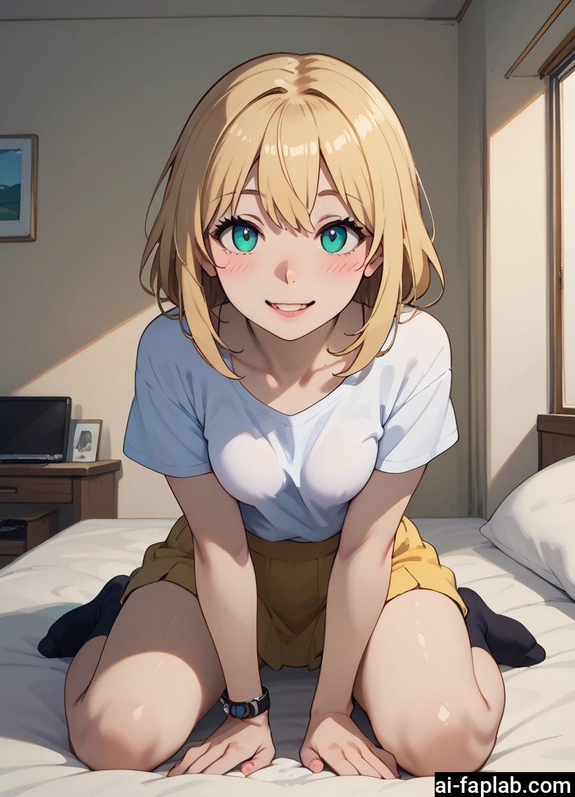1girl, skirt, smile, looking at viewer, blonde hair, solo