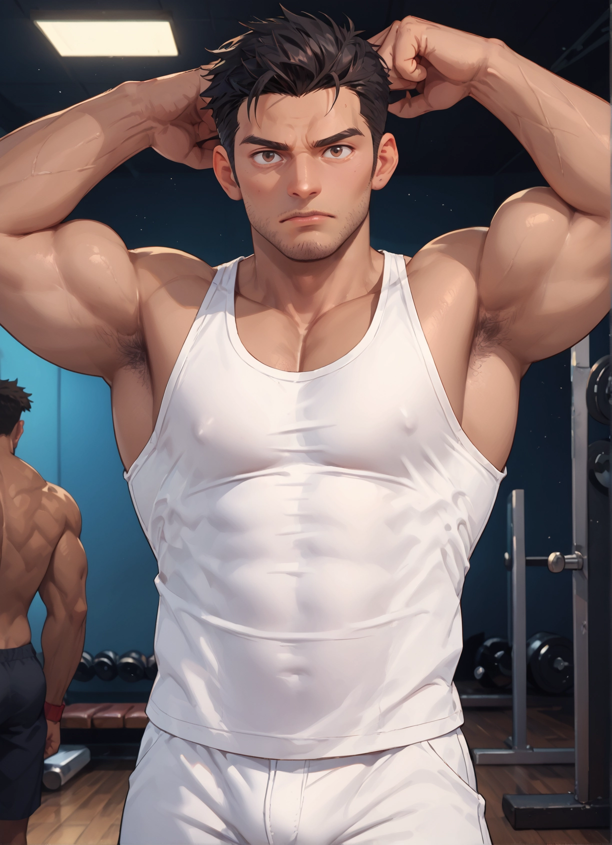 muscular, muscular male, pectorals, bara, male focus, facial hair · Yamete.gg
