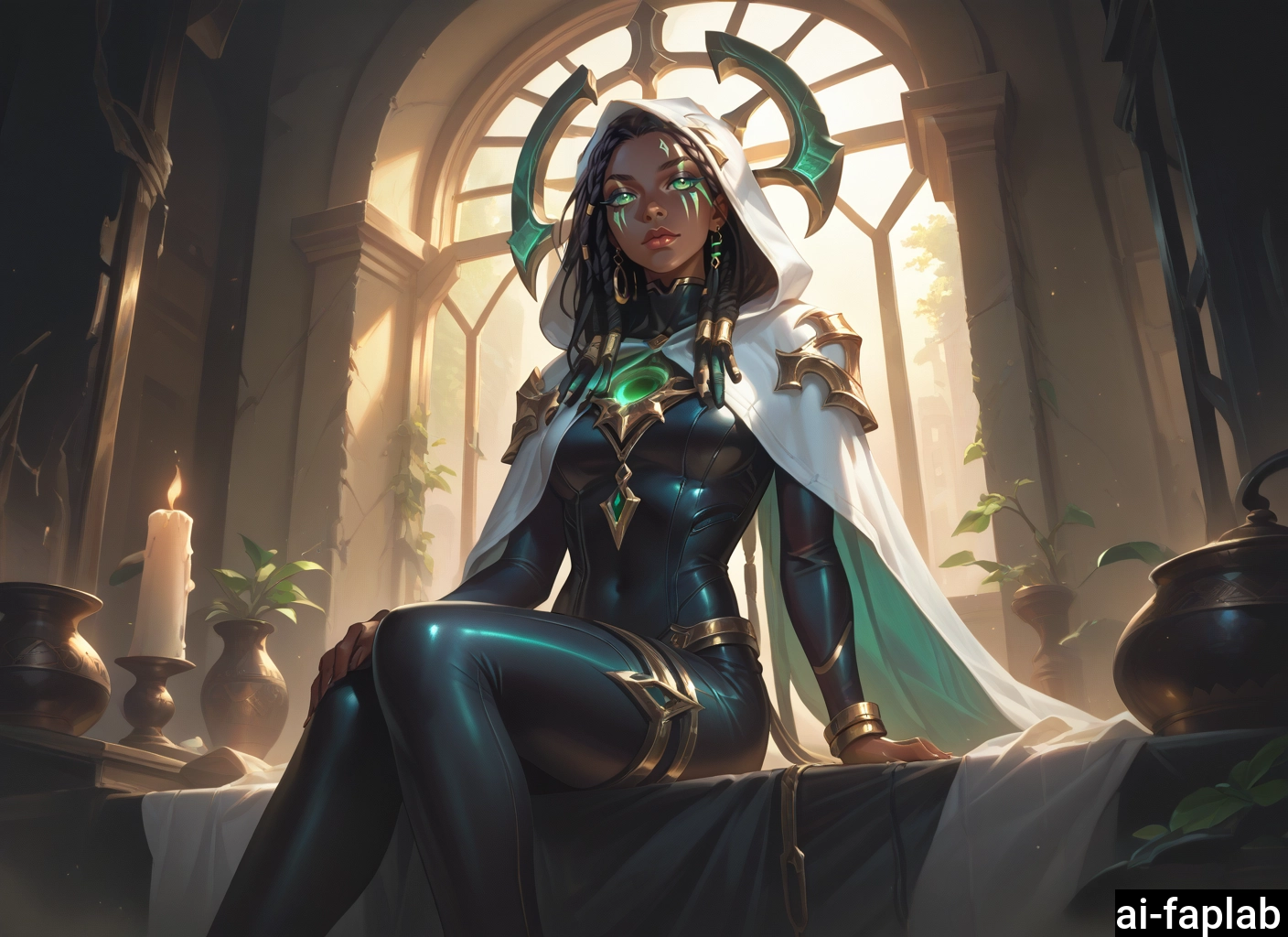 1girl, solo, dark-skinned female, sitting, indoors, jewelry · Yamete.gg
