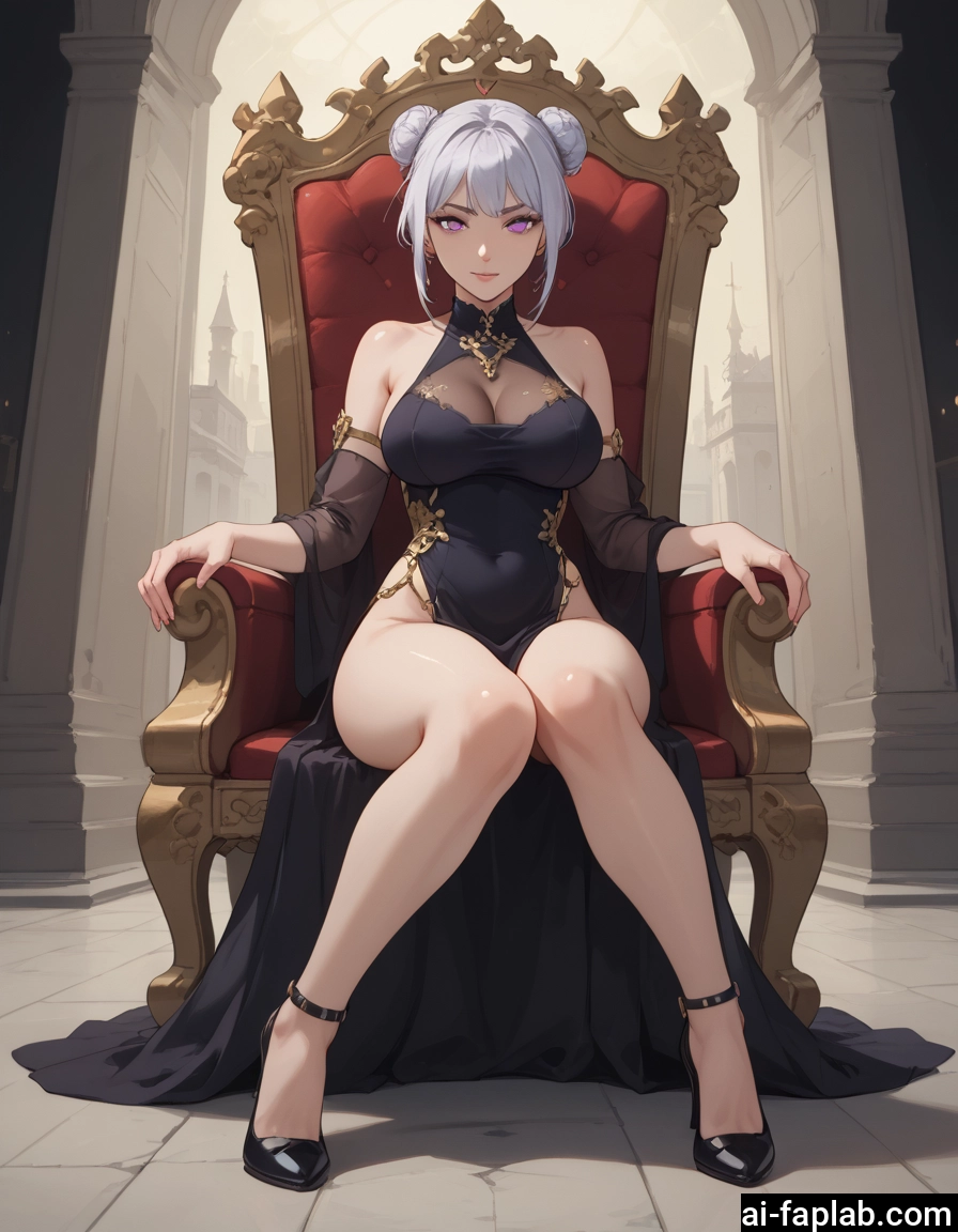 1girl, breasts, dress, sitting, solo, double bun