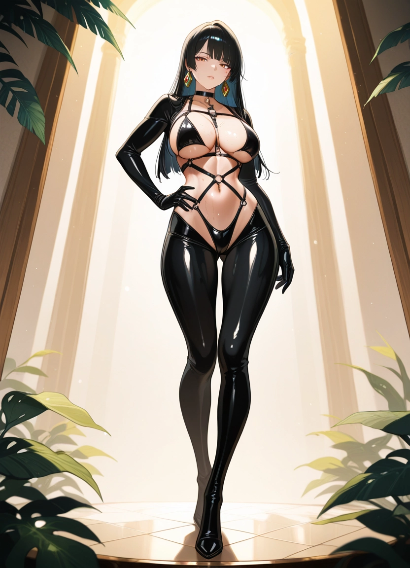 1girl, solo, breasts, earrings, black hair, full body · Yamete.gg