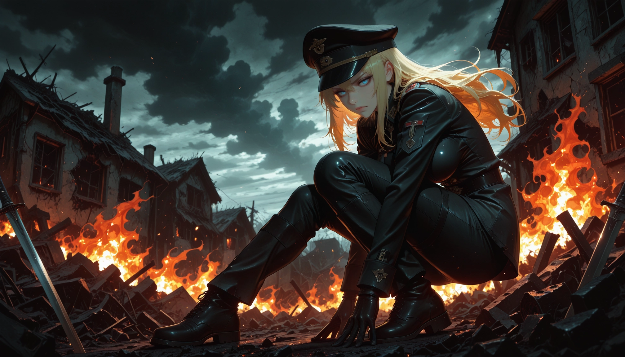 1girl, fire, solo, hat, blonde hair, long hair · Yamete.gg