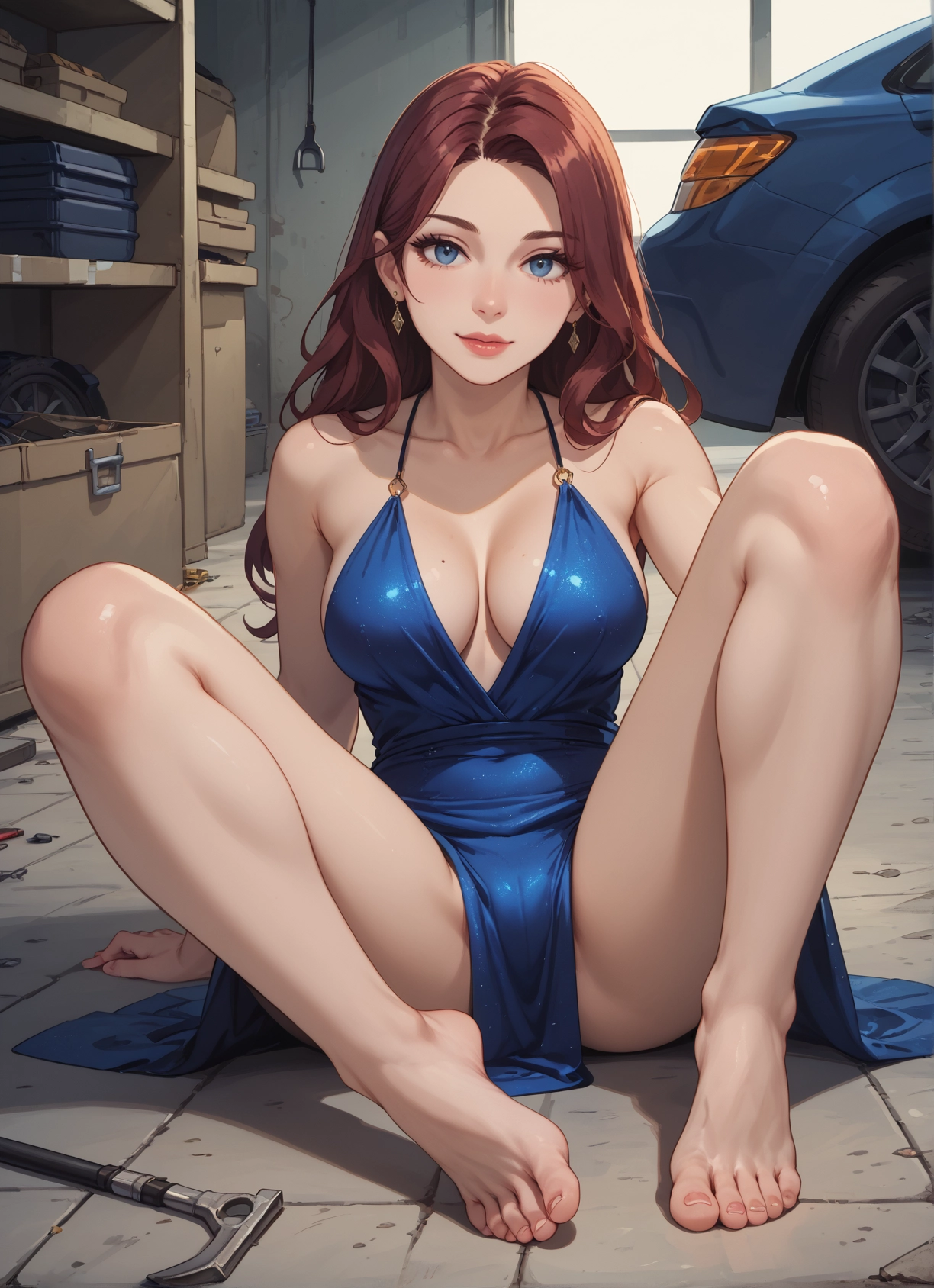 1girl, breasts, barefoot, dress, blue eyes, feet · Yamete.gg