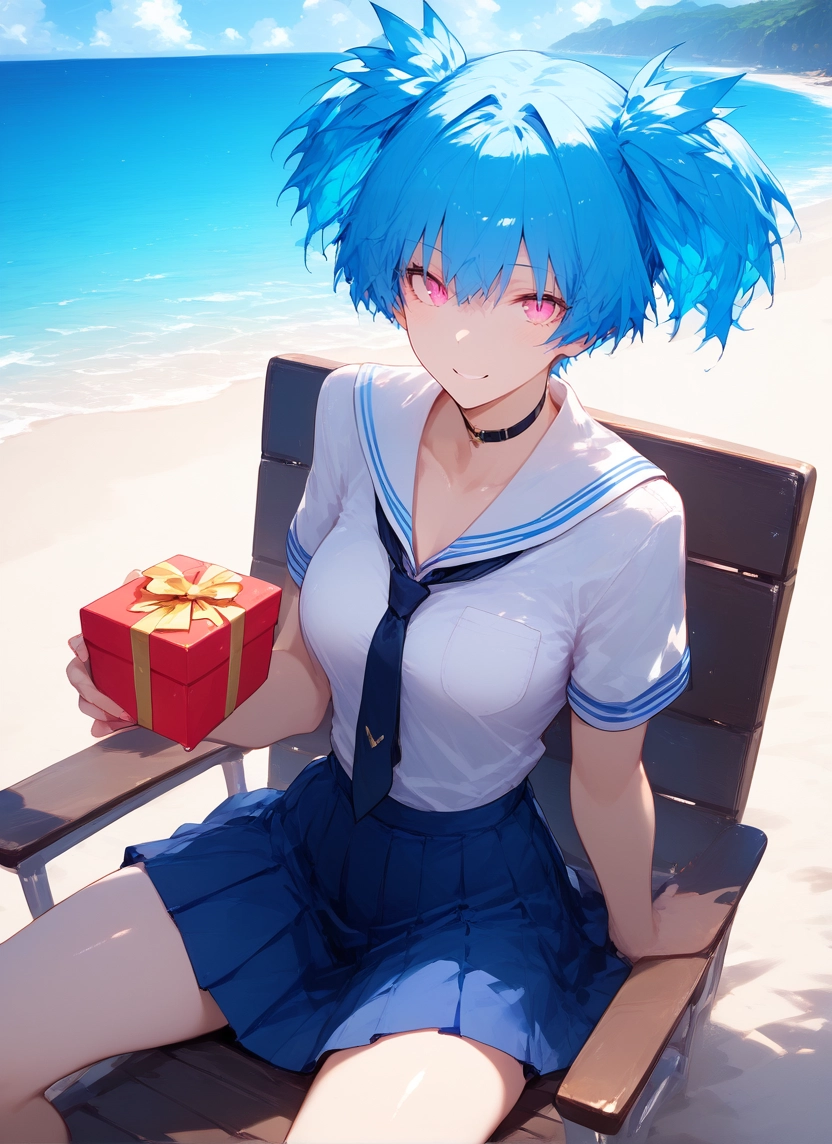 1girl, skirt, solo, smile, gift, beach · Yamete.gg