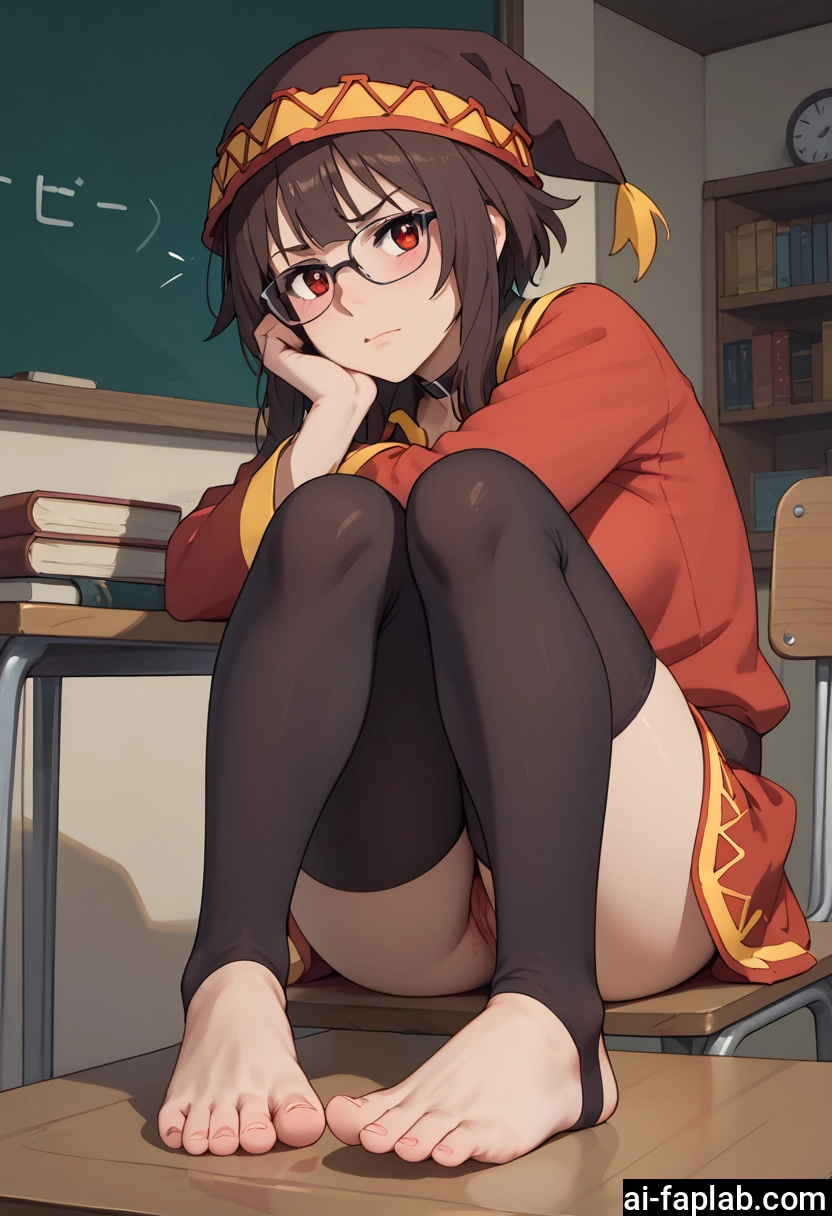 1girl, solo, glasses, red eyes, thighhighs, feet · Yamete.gg